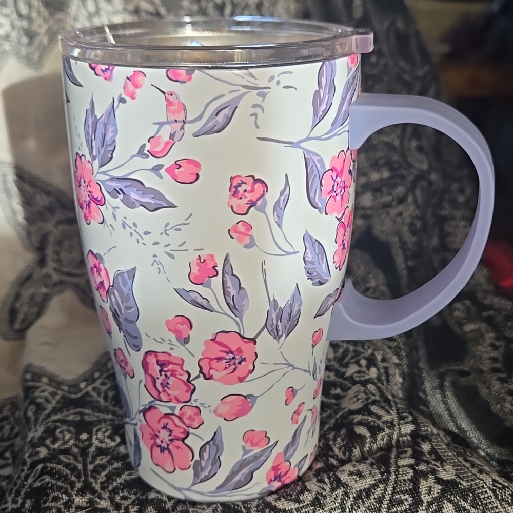 Vera Bradley, Stainless Steel, Hummingbird Ditsy Travel Mug with Handle, 18 oz.